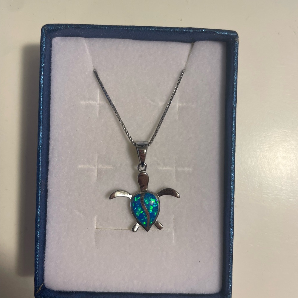 Silver Turtle Pendant Necklace with Blue and Green Accents